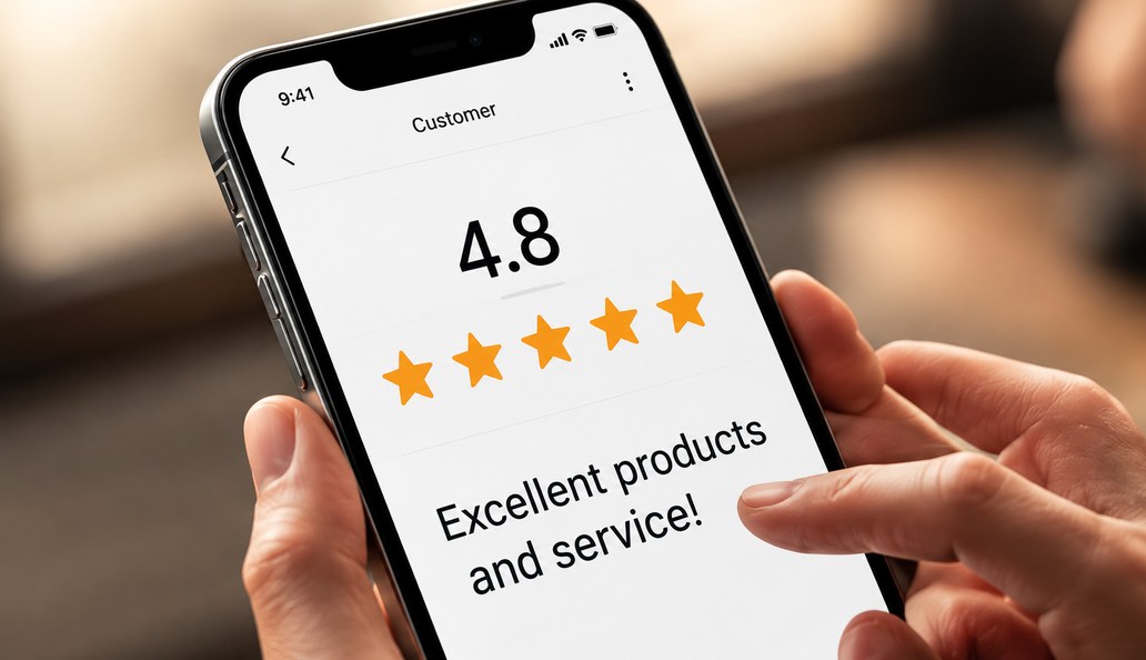 4.8-star Google review on a phone